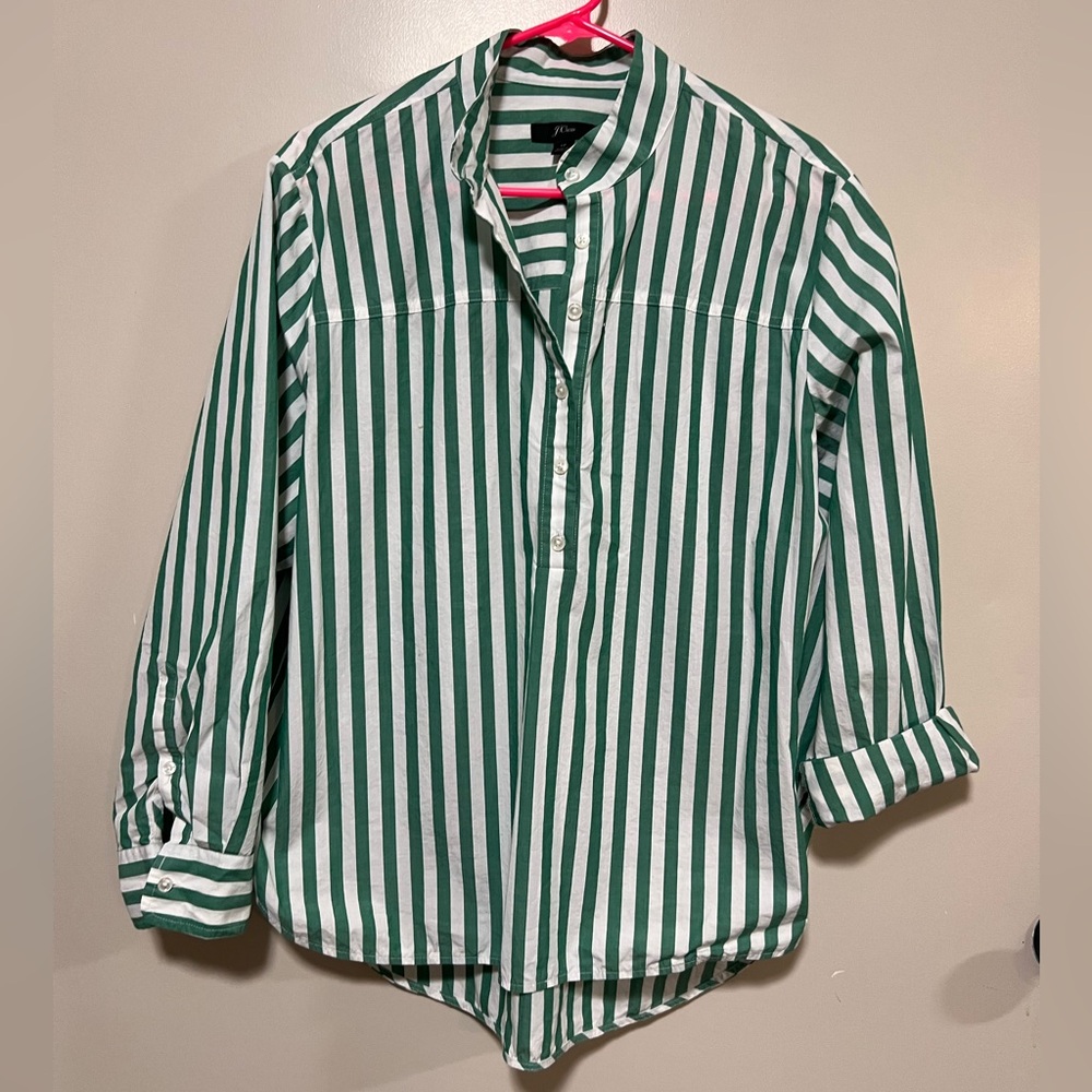 JCrew green stripe popover top size 12 crisp cotton